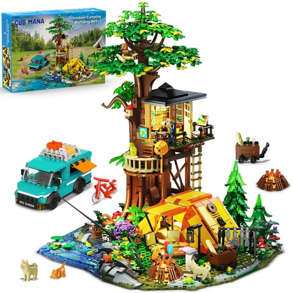 CUBIMANA Camping Tree House Building Set with Lights, 1715 PCS Campground 3.6MM Mini Building Block Toy with Tent Camper Van for Home Offi
