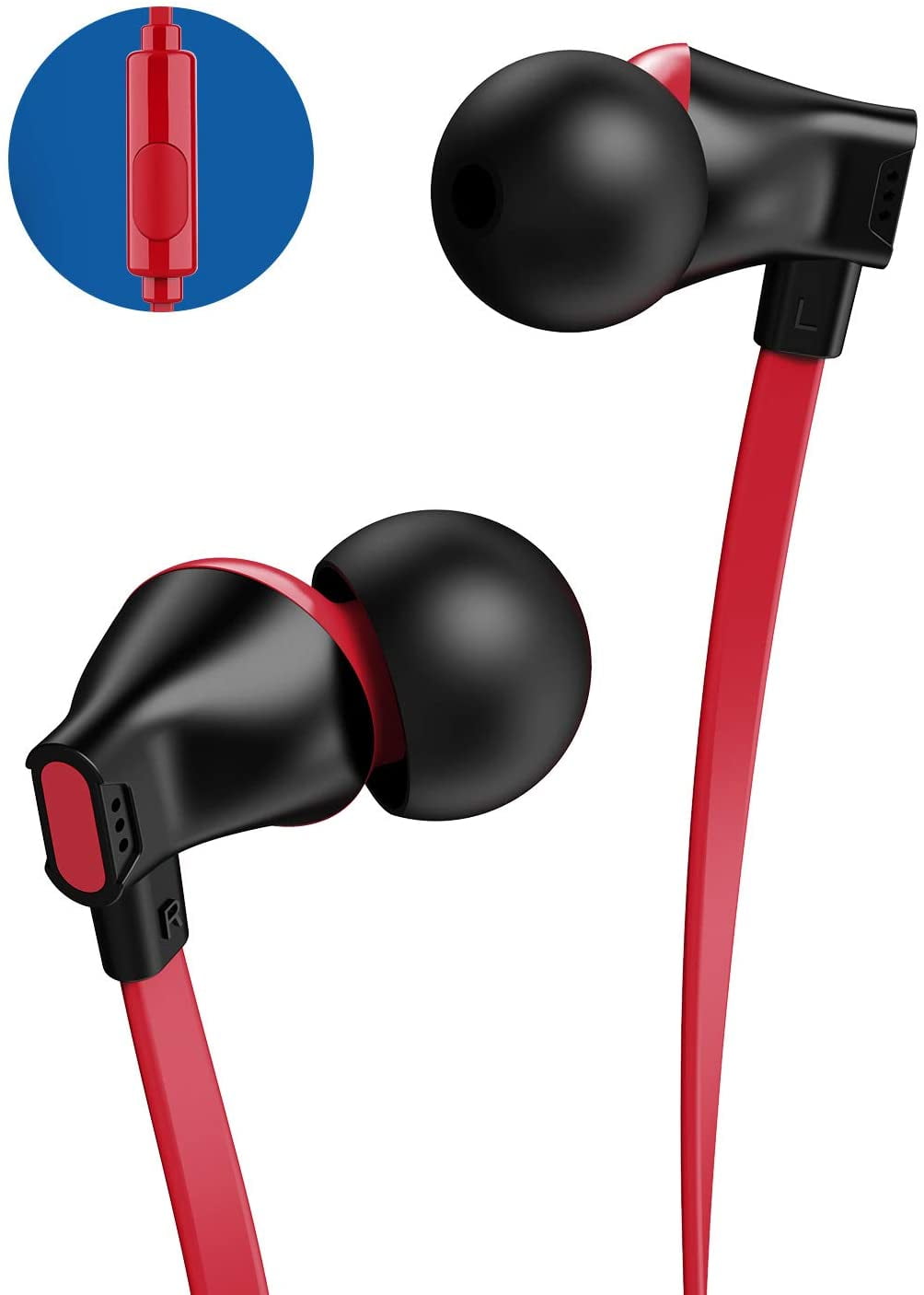 Vogek Tangle-Free 3.5mm In-Ear Earbuds Earphones with Microphone, Noise Isolating for Cellphones, iPod, iPad, Black Red