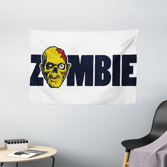 Zombie Decor Tapestry, Dead Human Face Caricature with Zombie Typography Monster Illustration, Wall Hanging for Bedroom Living Room Dorm Decor, 60W X 40L Inches, Dark Blue Yellow, by Ambesonne