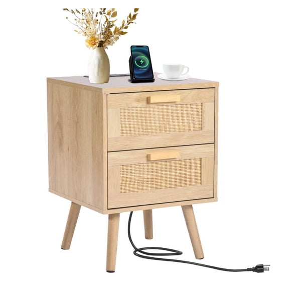 Rattan Nightstand, Boho Bedside Table with 2 Drawers, Rattan End Table Nightstand with Solid Wood Legs, Rattan Bedside Table with Charging Station, for Bedroom, Study & Living Room