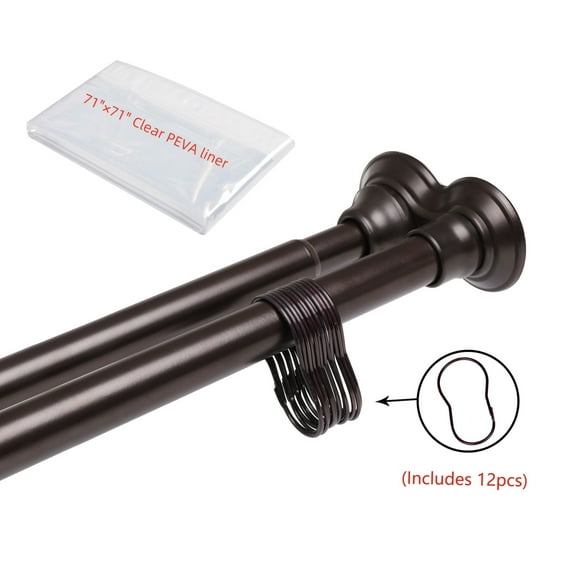 Utopia Alley Adjustable 72-In Double Shower Curtain Tension Rods - Rust-Proof Aluminum with Rubber End Cap, Easy Installation - Extendable, No Drilling, With Shower Liner and Hooks, Oil Rubbed Bronze