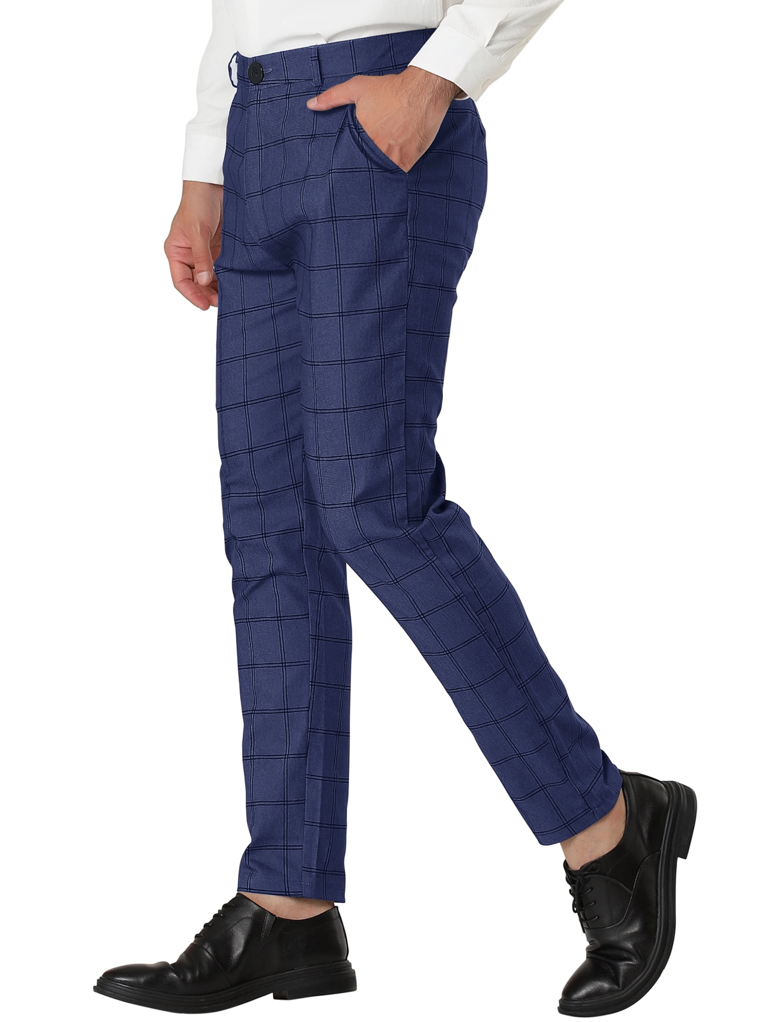 Unique Bargains Men's Slim Fit Plaid Business Pants Trousers with Pockets 36 Navy Blue