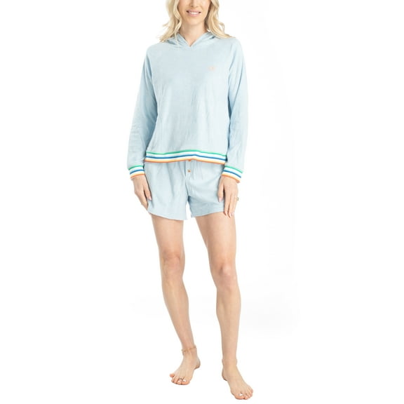 Ocean Pacific Women's Sunset Chasers Hoodie and Shorts Pajama Set, Light Blue, Small