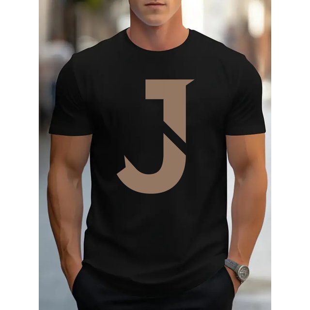 Camiseta de manga corta con cuello redondo y estampado de letras J simplificadas para hombre, estilo informal de verano.