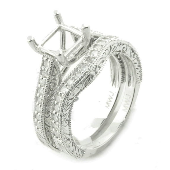 14K White Gold Semi Mount Bridal Set Rings Setting 1/2ctw Antique Style Fits 6mm Princess Center (i2/i3, i/j)