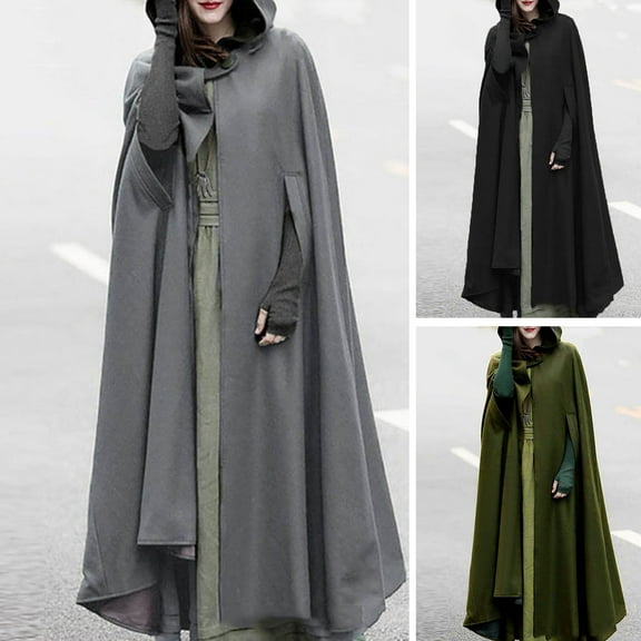 Tnobhg Winter Women Cloak Thickened Loose Warm Windproof Lengthened Medieval Style Single Button Closure Sleeve Holes Hooded Ponchos Long Shawl