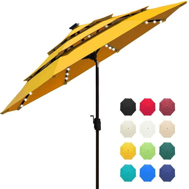 EliteShade Sunbrella Solar 9ft 3 Tiers Market Umbrella with 80 LED