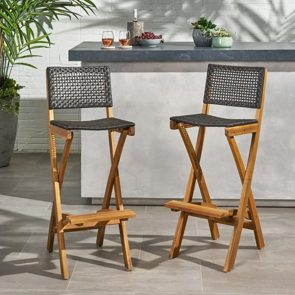 Noble House Polaris Outdoor Folding Acacia Wood Barstools (Set of 2) Teak/Brown
