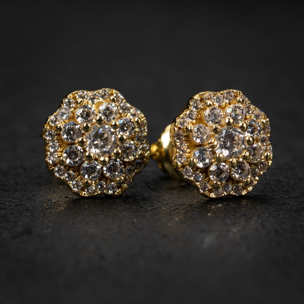 Yellow Gold Plated 925 Sterling Silver Screw Back Post Flower Cluster Honey Comb Set Hip Hop Stud Circle Earrings