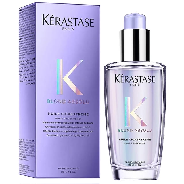 kerastase blond absolu huile cicaextreme hair oil for blonde hair 100 ml / 3.4 oz botella y caja morada, vista frontal; aceite sin aclarado para cabello teñido con dosificador y tapa plateada, envase de vidrio transparente con logo y texto irisado, mejora textura y brillo y combate puntas abiertas y encrespamiento hasta 48 horas; suele usarse en medios y puntas para control del frizz.