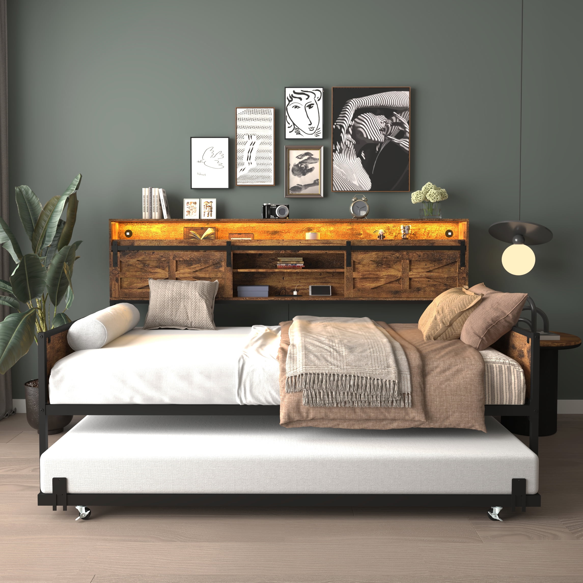 Mintazer Farmhouse Twin Bed Frame with Trundle & RGB LED Headboard, Platform Daybed with Sliding Barn Door Storage for Bedroom & Living Room, Brown