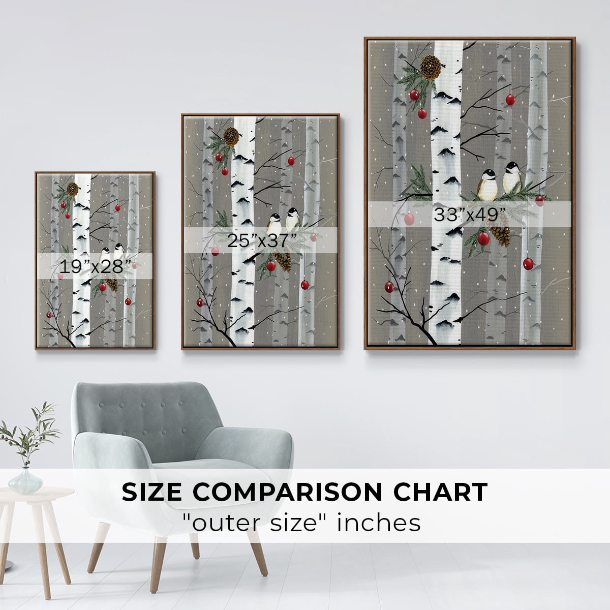 Birch Birds I - Framed Gallery Wrapped Holiday Canvas - 17 x 25 - Rosewood Frame