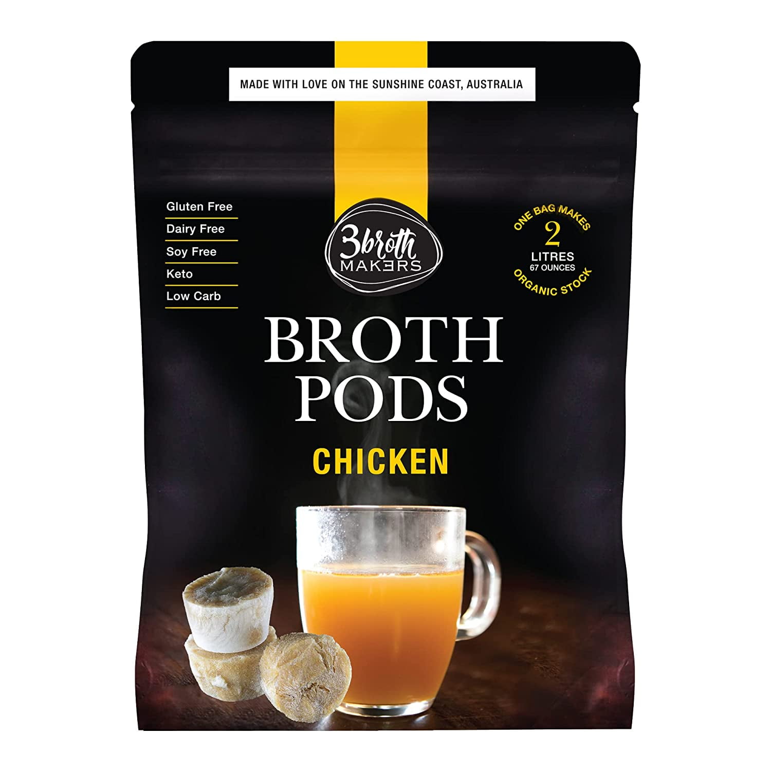 3 Broth Makers 100% Organic Chicken Bone Broth in a Freeze Dried Pod. Makes 8 Mugs of Broth or 67 Oz NO Added Flavours or Preservatives, NO Allergens,