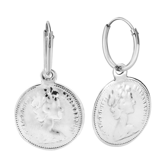 Unique .925 Sterling Silver Coin Dangle Mini Hoop Earrings