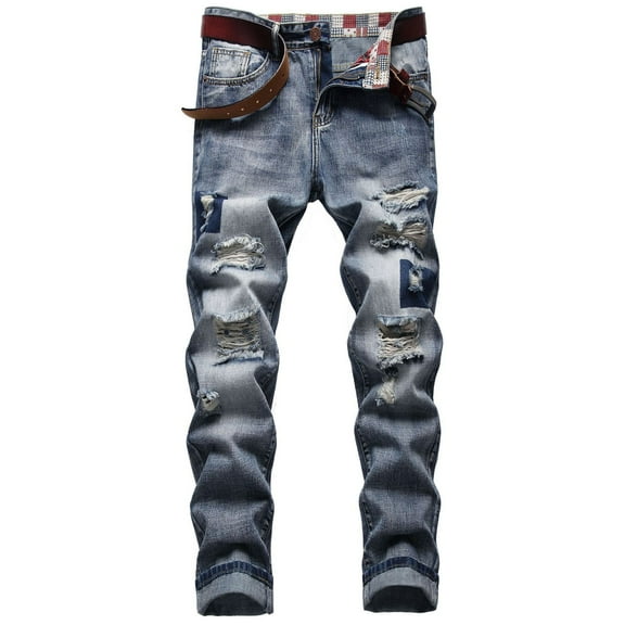 Herrnalise Men's Joggers Cargo Pants Jeans Fashion Trend Micro Elastic Slim Tie Elastic Small Straight Leg Jeans Ripped Denim Pants for Men For Blue,3XL