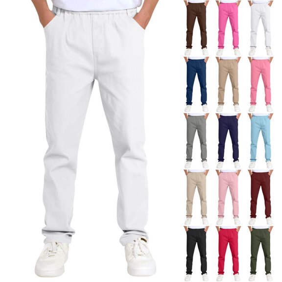 Children's Uniform Pants Elastic Waist Solid Color Straight Leg School Chinos Comfortable Dress Trousers for Boys & Girls 5-14 Years