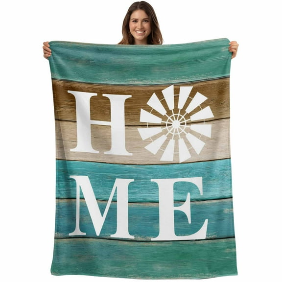 Vintage Windmill HOME Throw Blankets, Turquoise Brown Farmhouse Wood Soft Fleece Blanket Decorative for Home Sofa Couch Chair Living Bedroom, 40x50 inches,