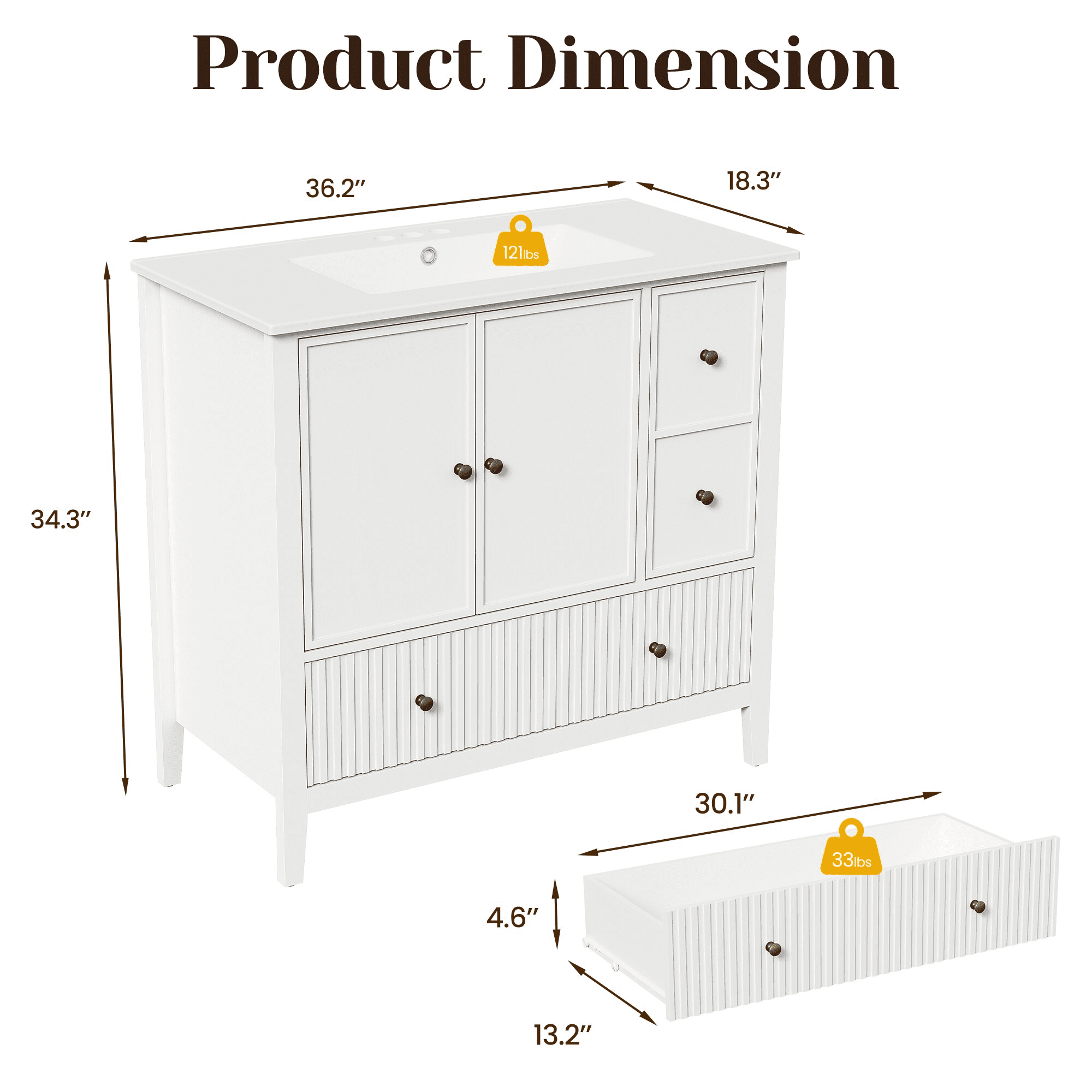 Mintazer 36 Inch Fluted Freestanding Bathroom Vanity with Ceramic Sink, Farmhouse Single Sink Bath Cabinet with Doors and Drawers, White