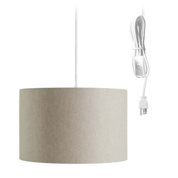 1 Light Swag Plug-In Pendant 16"w Light Oatmeal Linen Drum Shade, 17' White Cord