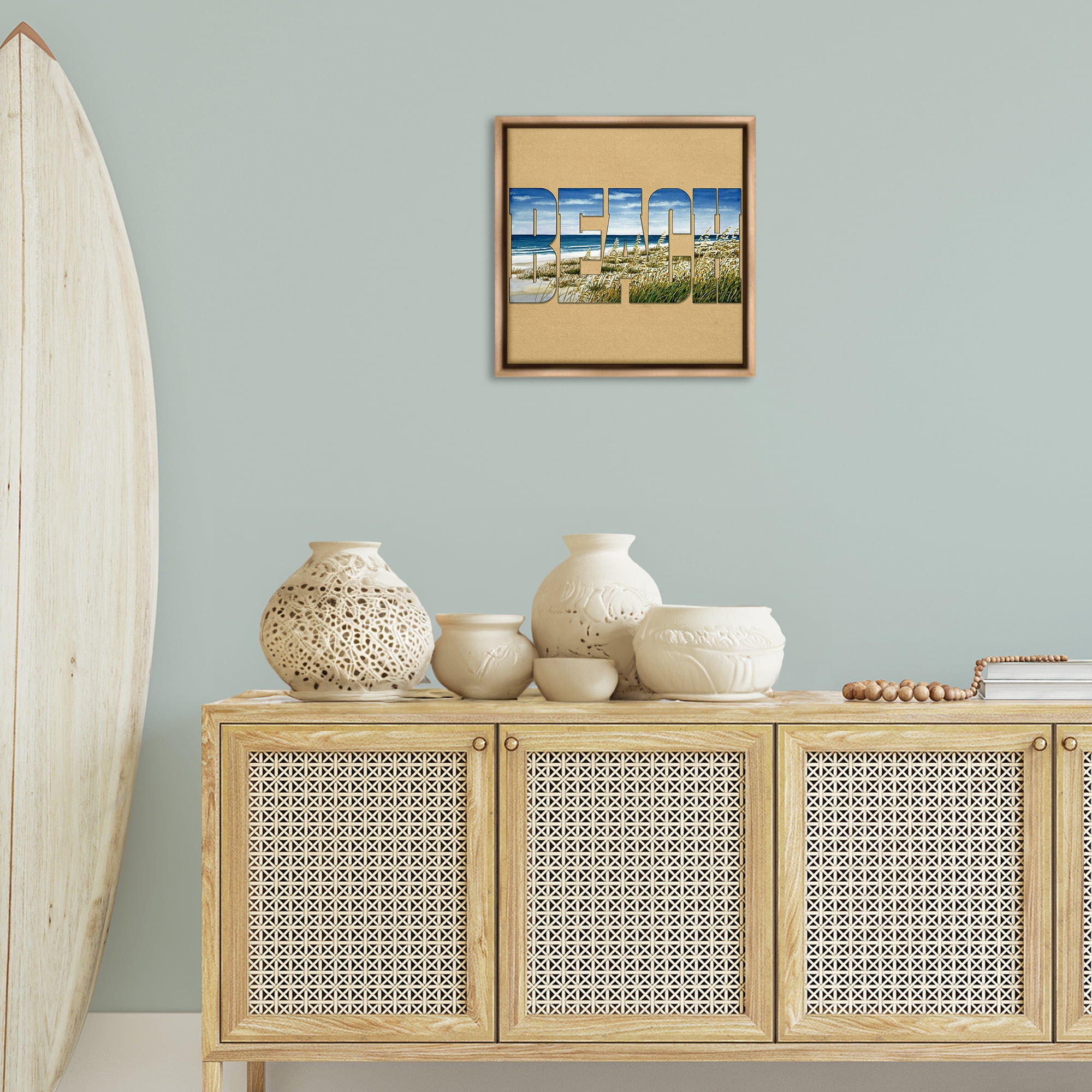 Stupell Industries Grassy Beach View Letters Nautical & Beach Painting Brown Floater Framed Canvas Art Print Wall Art, 18 x 18