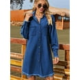 thumbnail image 5 of Women'S Vintage Washed Denim Loose Casual Long Sleeve Raw Edge Dress Dark Blue L, 5 of 9