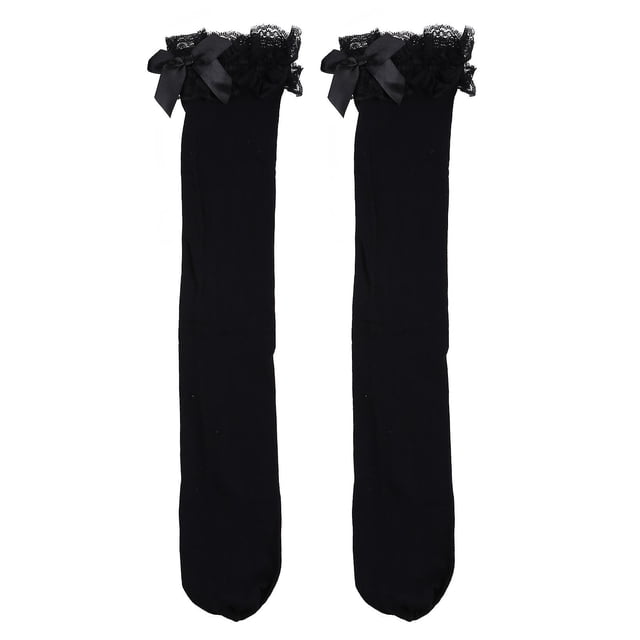 Calcetines hasta la rodilla con volantes y volantes de encaje de Lolita para mujer, medias largas elásticas de verano con lazo dulce Kawaii, medias largas de Color sólido, disfraz