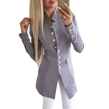 Women Casual Work Office Lapel Pocket Buttons Blazer Suit Jacket Business Coat Long Sleeve Open Front Cardigan Outerwear