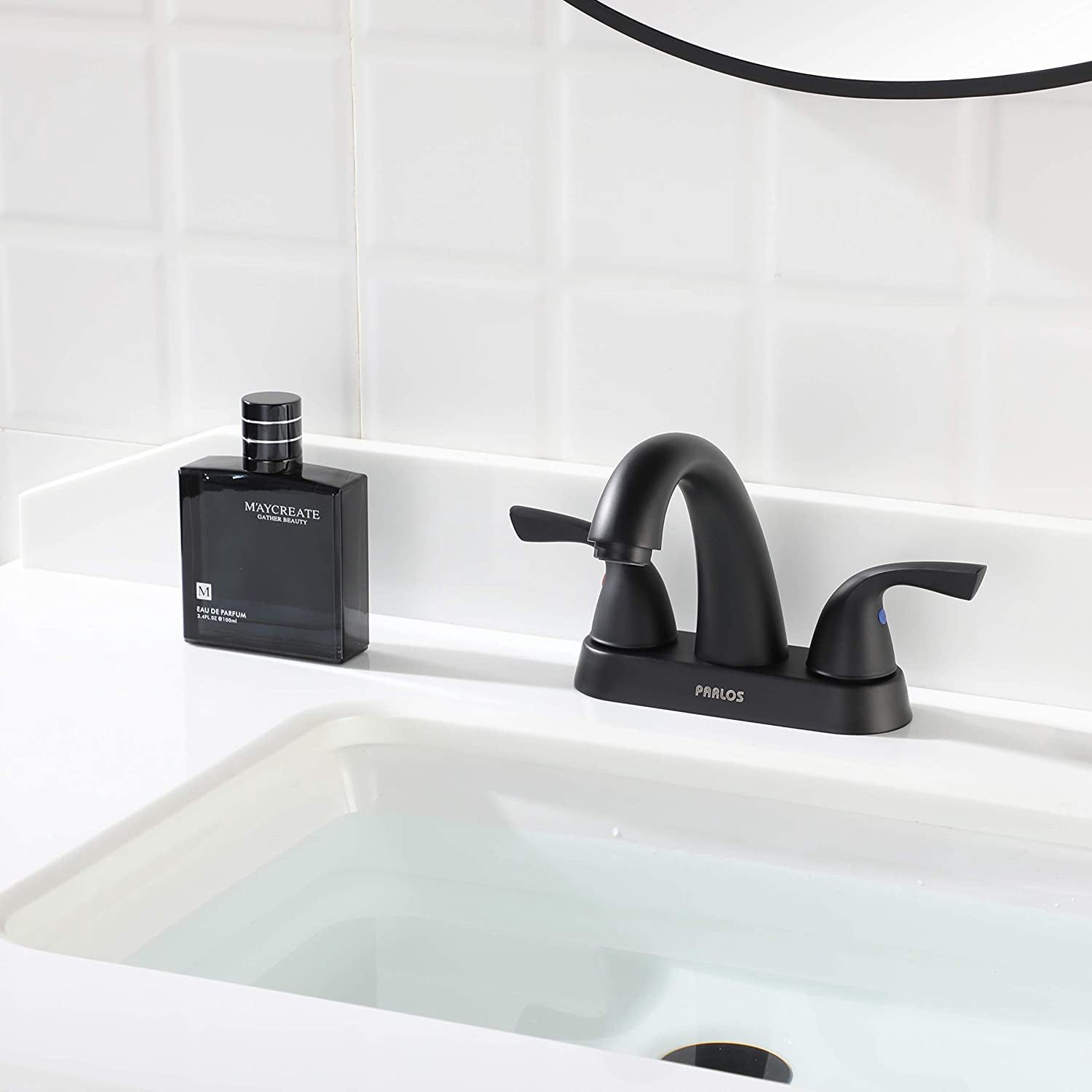 PARLOS Centerset Two-Handle Bathroom Sink Faucet with Metal Drain Assembly and Supply Hose,Matte Black