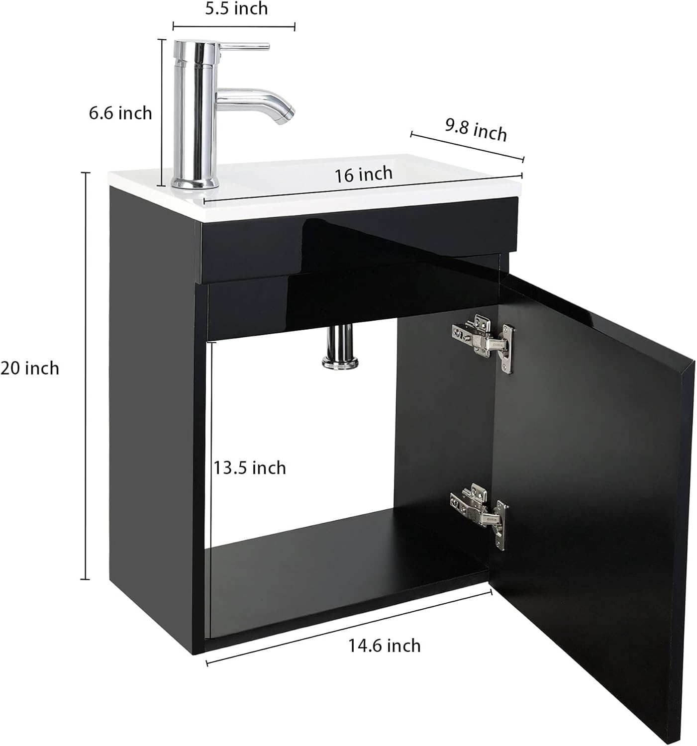 HARIPUL 16 Inch Wall Mounted Bathroom Vanity with Sink, Compact Bathroom Cabinet Set with Chrome Faucet and Drain, Black