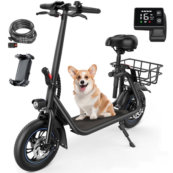 MIHOVER 450W Electric Scooter with Seat, Commuter Electric Scooter for Adult with Basket & Free Phone Holder & Steel Cable Lock & Inner Tube- up to 21 Miles 15.5MPH-Black