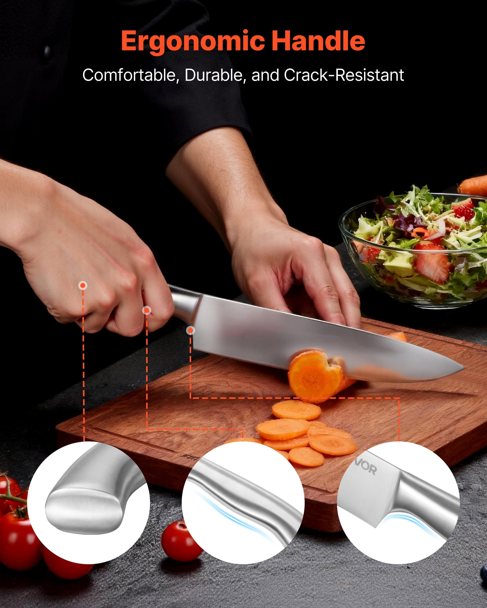 VEVOR Kitchen Knife Set with Block and Sharpener, 15 Piece German High Carbon Stainless Steel  Sharp Knife Set, Kitchen Cutlery with Ergonomic Handle, Sharpening Rod and Wooden Block, for Home Cooks