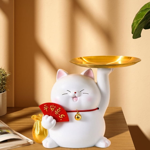Estatua de resina de gato Macarena Estatuilla Bandeja de servicio Caja de almacenamiento junto a la cama Caja de ahorros Titular de la llave Alcancía Maceta Blanco
