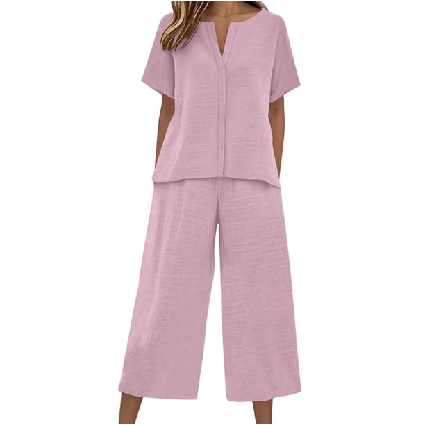 Camisas de Manga Larga para las Mujeres Suelto Ajuste Sólido Botón Liso Arriba con el Conjunto de Pantalones de Bolsillo, Camisa de Manga Larga Liso Mujer Lino Sentir