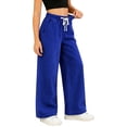 thumbnail image 3 of Falkdiz Girls Denim Pants Outdoor Wide Leg Trousers Solid Color Drawstring Relaxed fit Elastic Waist Drawstring Pockets for Girls Gift , Blue , Size: 12, 3 of 8
