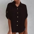 thumbnail image 2 of Wycnly Womens Shirts Casual Loose Pocket Button Down Cotton Linen Cardigan Tops Summer Elbow-Length Lapel Ladies Solid Tops and Blouses Black XL, 2 of 5