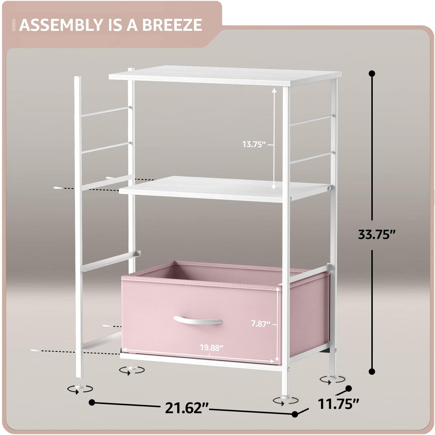 Sorbus 2-Drawer Nightstand with Fabric Drawer, Steel Frame and Open Shelf, Pink