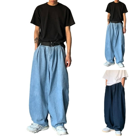 Men's Loose Fit Baggy Jeans Casual Streetwear Wide Leg Hop Oversized Denim Pants, Dark Blue, Size S