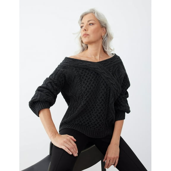 GSTQ Women's Off the Shoulder Cable Knit Sweater Gray Size Large