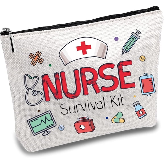 Nurse Survival Kit Bag Nurse Makeup Bag Polycotton Multi-Purpose Cosmetic Work Pencil Case Pouch Bag with Zipper Canvas Travel Bags 10x7Inch
