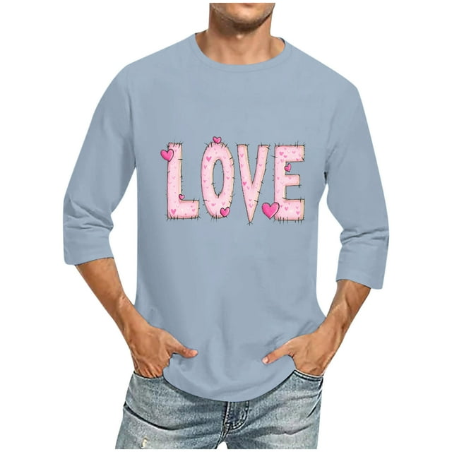 Camisas de Manga Larga para los Hombres Día de San Valentín Impresión Cuello Redondo Moda Casual, Mezcla de Poliéster de Lino de Algodón para Primavera Verano