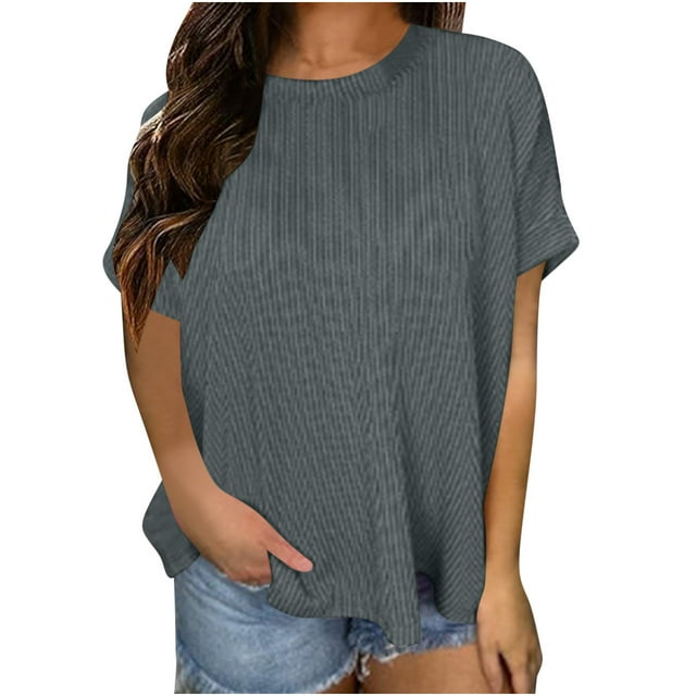 Besolor Femmes Manches Courtes Chemises Col Rond Côtelé Tricot T-Shirt Couleur Unie Basique Tee Tops Mode Tenues d'Été