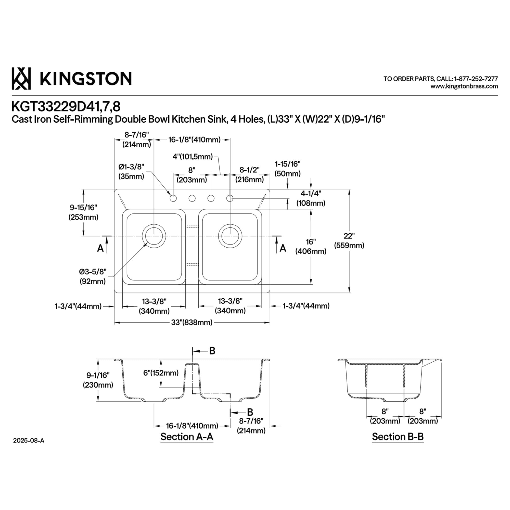Kingston Brass KGT33229D48 Petra Galley 33-Inch Cast Iron Self-Rimming Double Bowl Drop-In Kitchen Sink (4-Hole) with Basket Strainers x 2 in White/Brushed Nickel