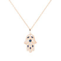 Dazzlingrock Collection Round & Marquise Blue Sapphire & Round White Diamond Hamsa Hand of Fatima Pendant for Women with Gold Chain (0.09 ctw, Color I-J, Clarity I1-I2) in 18K Rose Gold
