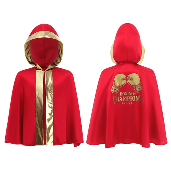 inlzdz Kids Boys Boxing Robe Open Front Metallic Trim Hooded Boxing Cape Cloak Red Gold 14