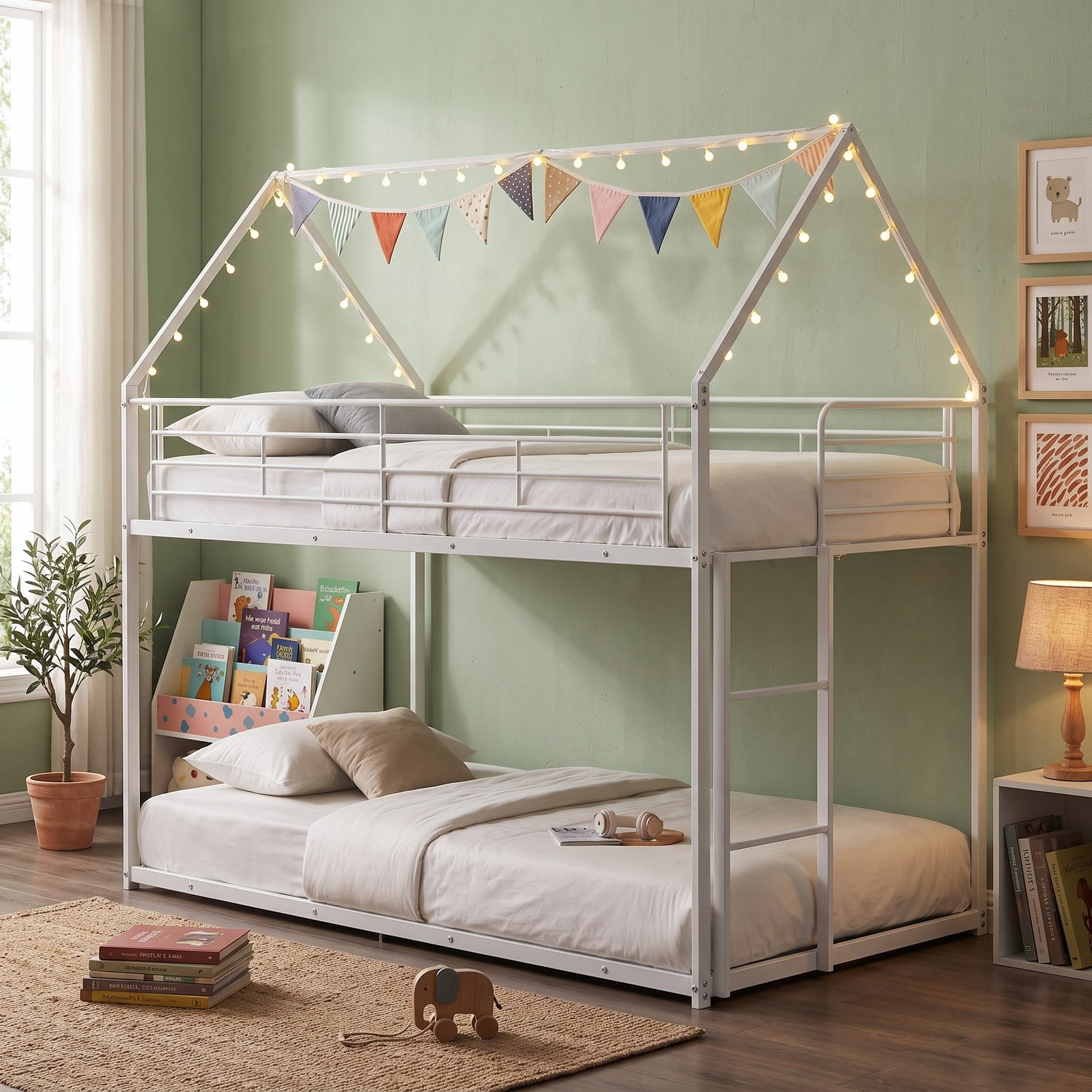 Furnibear Twin Over Twin Metal House Bunk Bed with Roof Ladder and Full-length Guardrails for Kids and Shared Rooms, White