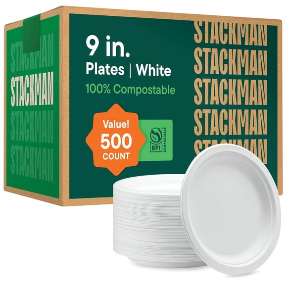 100% Compostable Paper Plates 9 Inch [500 Count] Heavy-Duty Dinner Plates - White Bagasse - Eco-Friendly Disposable Biodegradable Sugarcane Plates - [Bulk Case 4 x 125 Pack] - (BPI Certified)