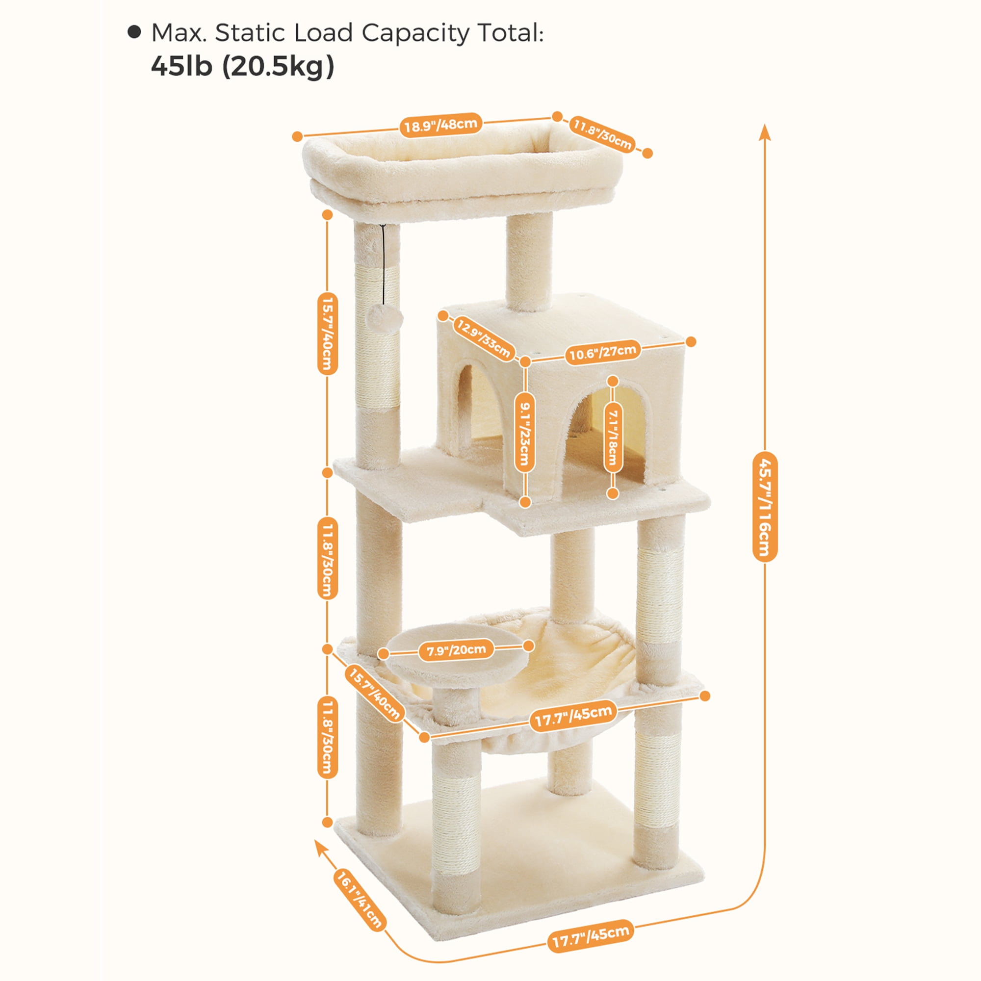 Pefilos 45" Cat Tree Tower for Indoor Cats, 5-Level Cat Condo for Large Cats with Large Hammock, Big Top Perch and 4 Sisal Covered Scratching Pos, Beige Pefilos 45" Cat Tree Tower for Indoor Cats, 5-Level Cat Condo for Large Cats with Large Hammock, Big Top Perch and 4 Sisal Covered Scratching Pos, Beige