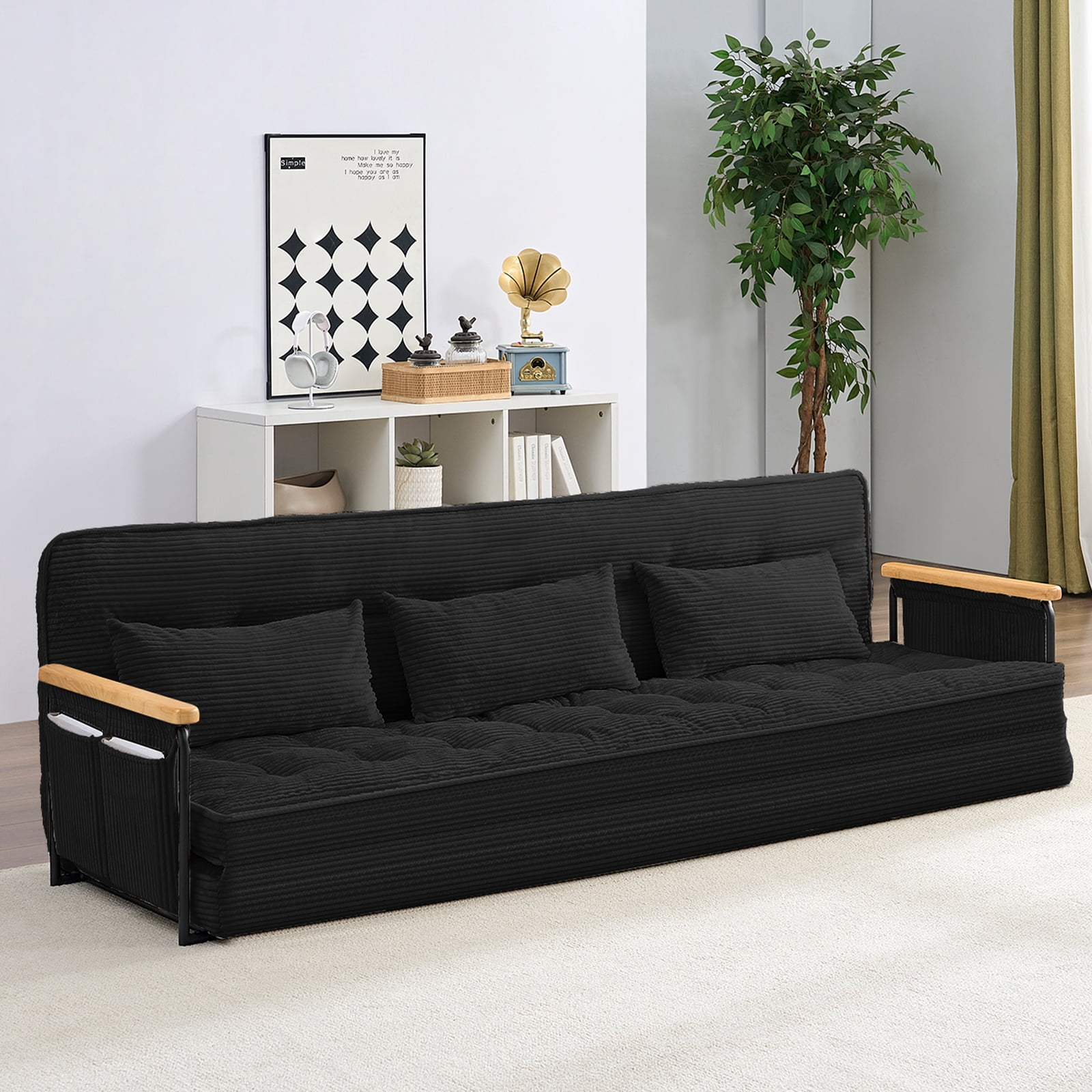 BALUS Futon Sofa Bed, 4-in-1 Corduroy Floor Couch Bed with Folding Mattress, Convertible Sleeper Sofa for Living Room, Black
