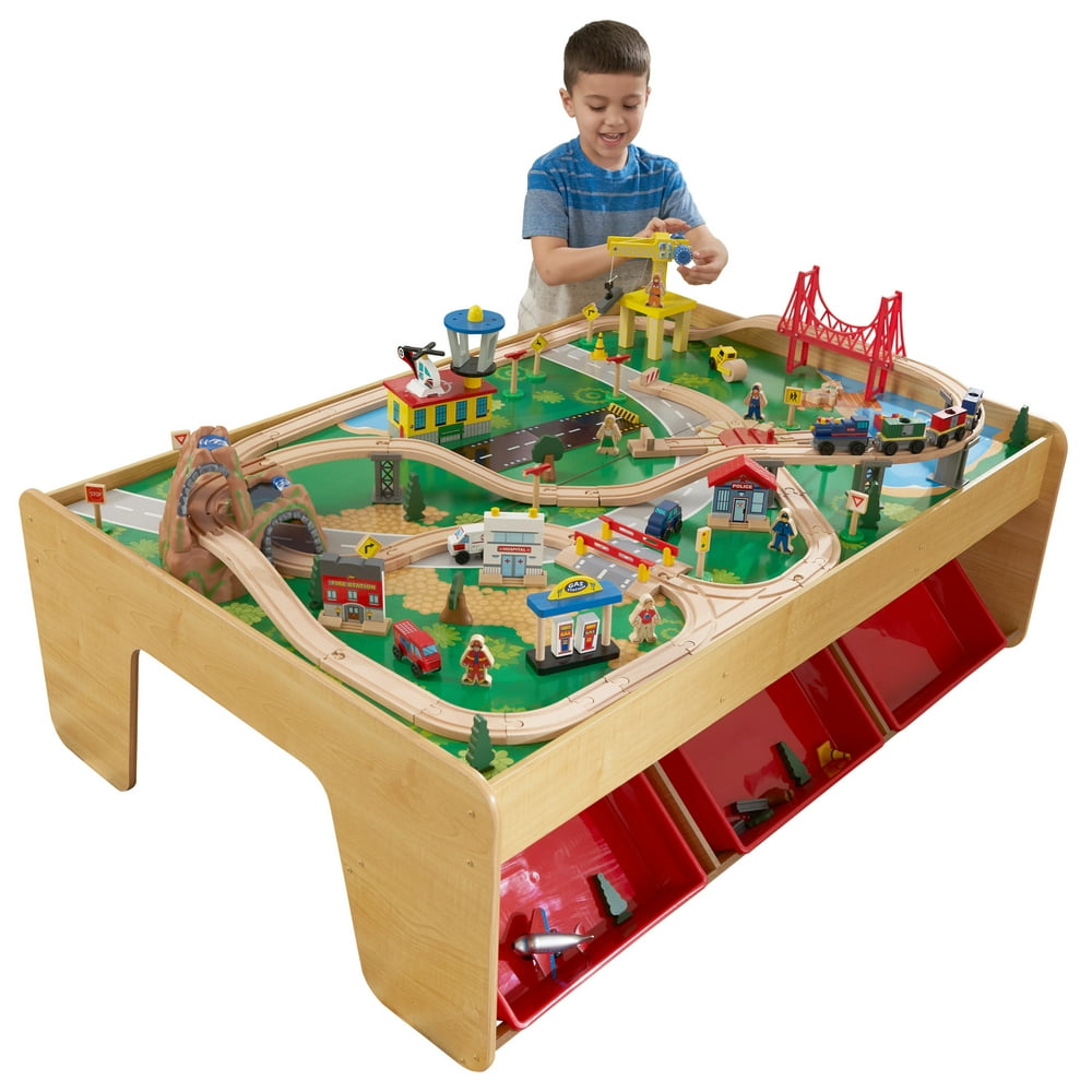 KidKraft Waterfall Mountain Wooden Train Set & Table with 120 Pieces, 3 Storage Bins Walmart