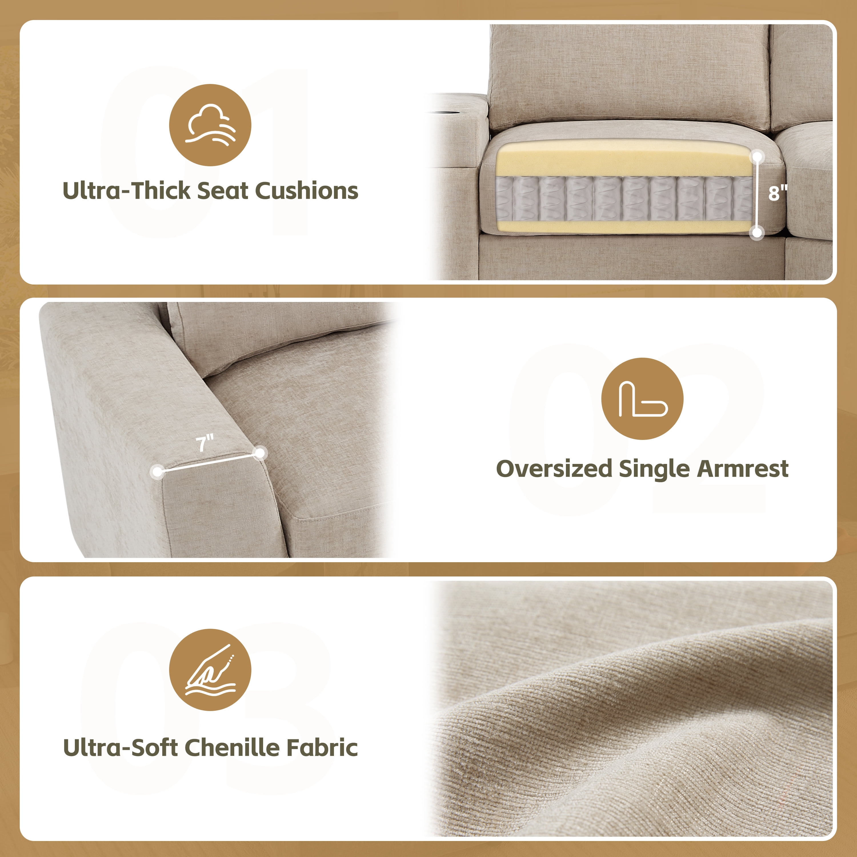 GARITIN 6 Seat U Shaped Modular Sectional Sofa 118 Inch, Oversized Chenille Couch with Ottoman and Storage Console with USB Charging, Beige